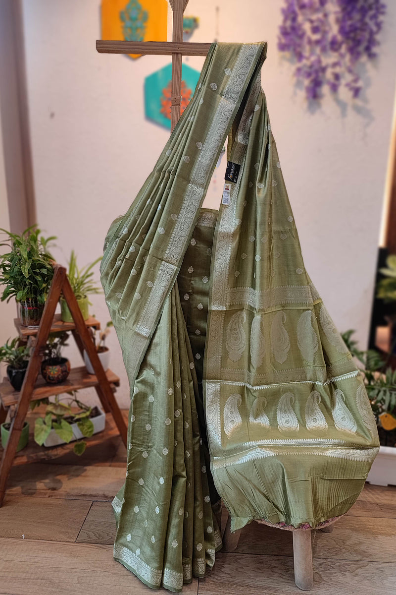 Sage Green Banarasi Silk Saree with Silver Zari Butti & Paisley Pallu