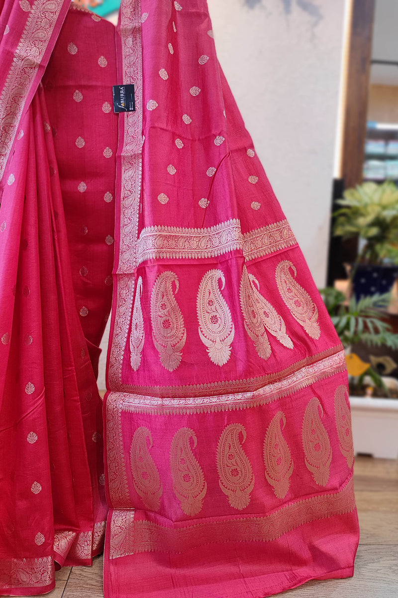 Pink Banarasi Silk Saree with Zari Butti & Paisley Woven Pallu