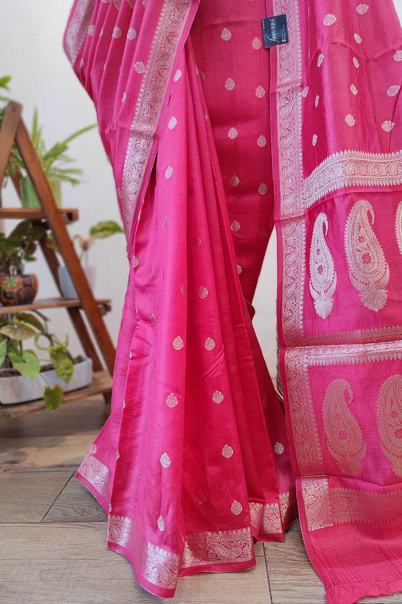 Pink Banarasi Silk Saree with Zari Butti & Paisley Woven Pallu