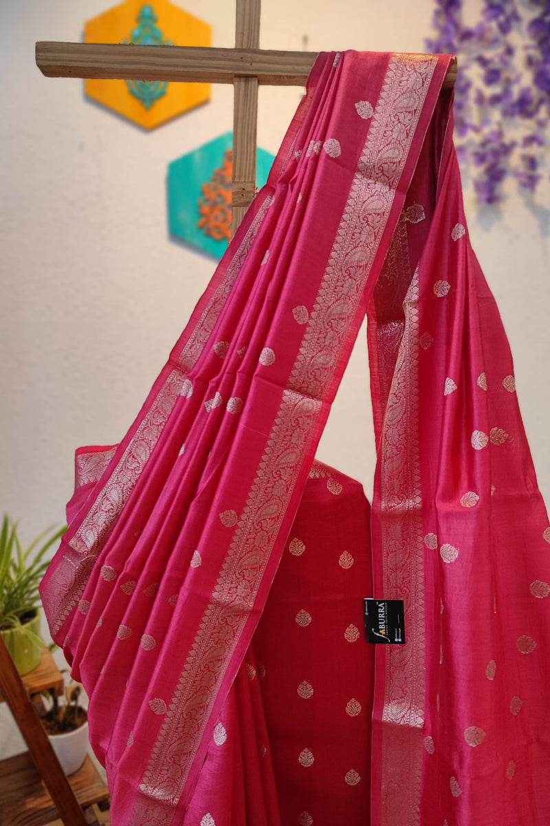 Pink Banarasi Silk Saree with Zari Butti & Paisley Woven Pallu
