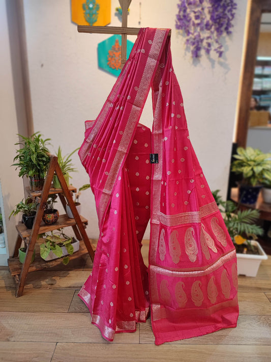 Pink Banarasi Silk Saree with Zari Butti & Paisley Woven Pallu