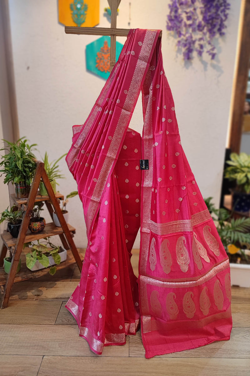 Pink Banarasi Silk Saree with Zari Butti & Paisley Woven Pallu