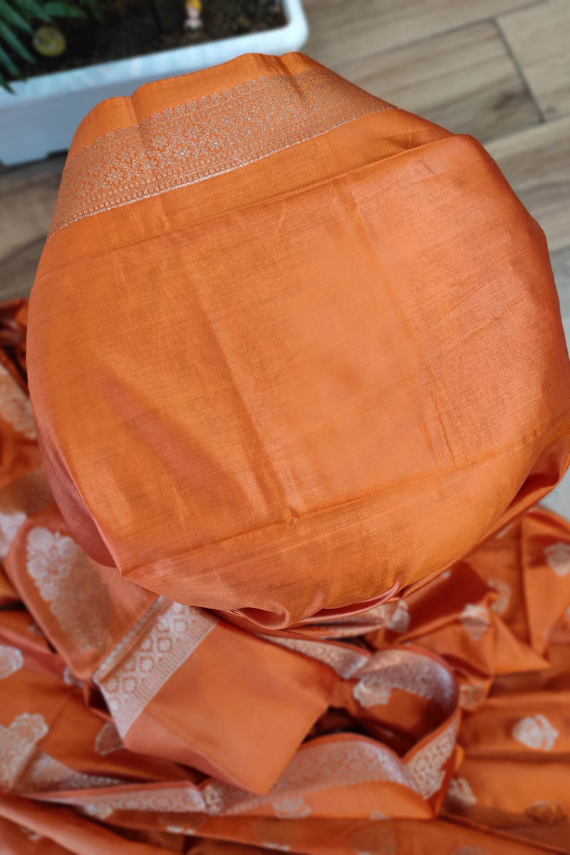 Rust Orange Banarasi Silk Saree with Zari Butti & Floral Motif Pallu