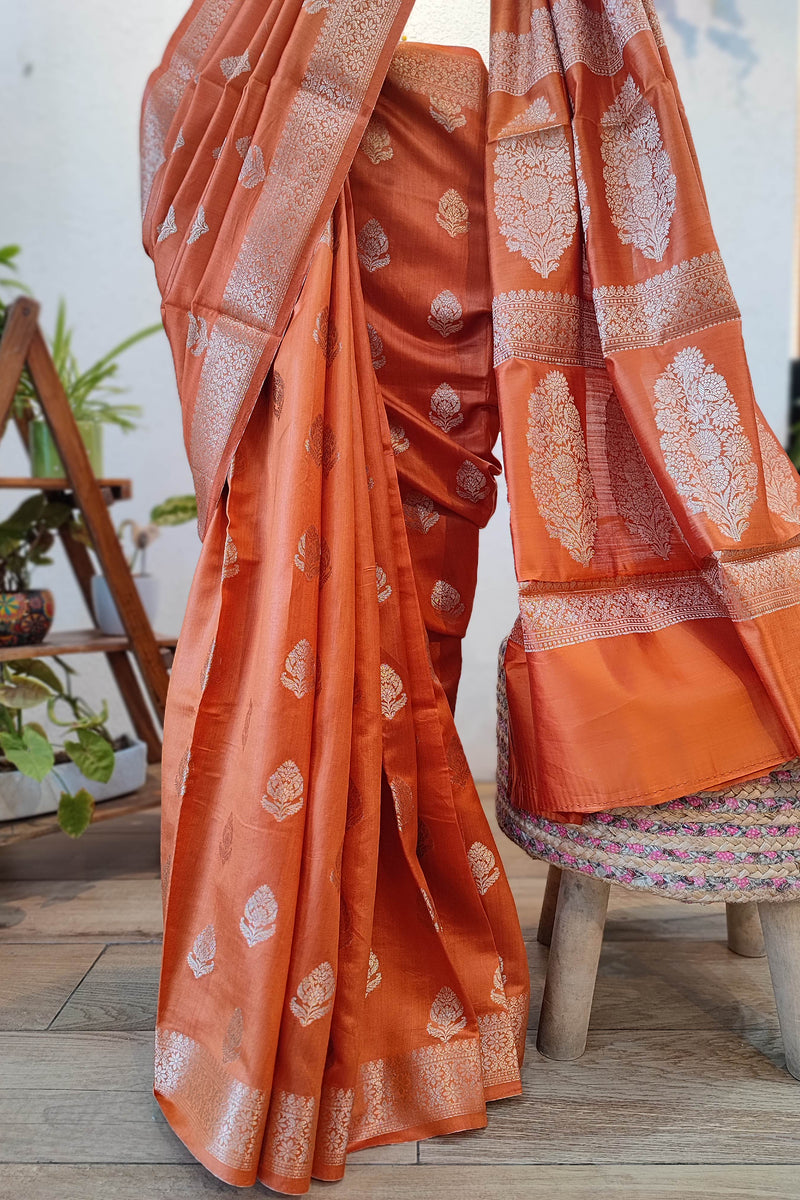 Rust Orange Banarasi Silk Saree with Zari Butti & Floral Motif Pallu