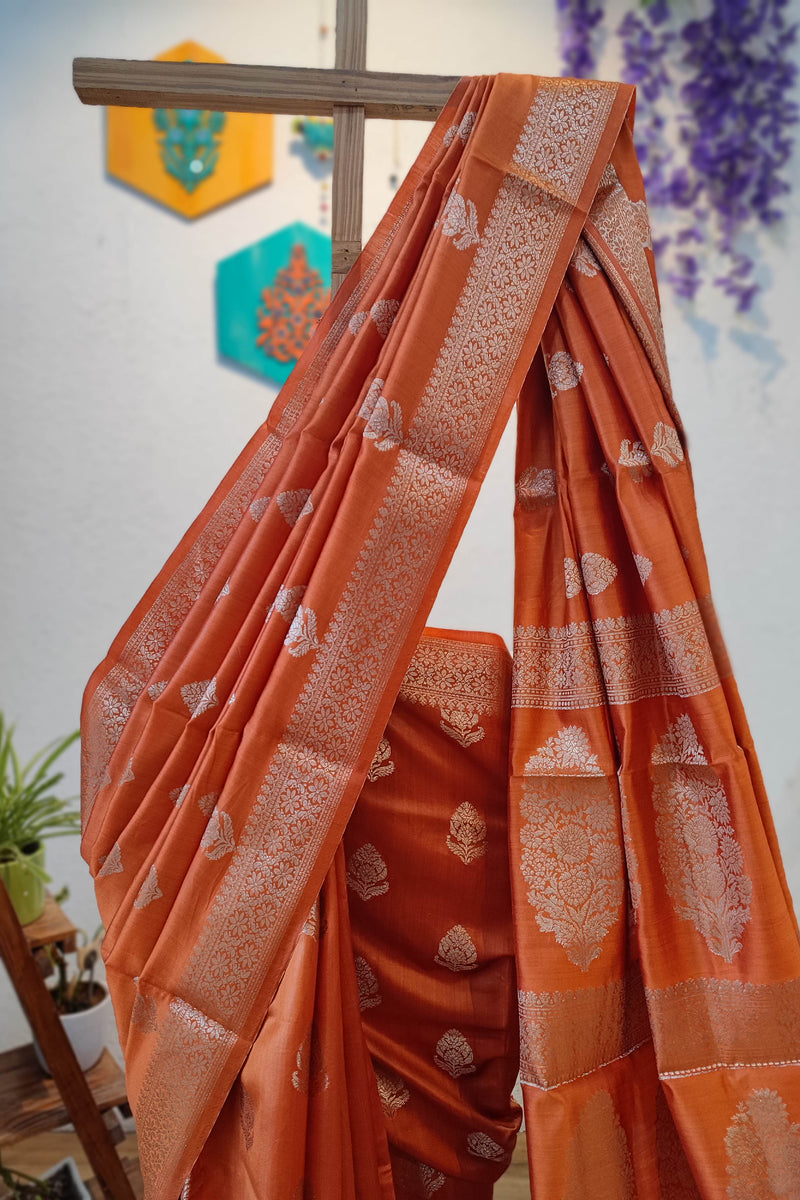 Rust Orange Banarasi Silk Saree with Zari Butti & Floral Motif Pallu