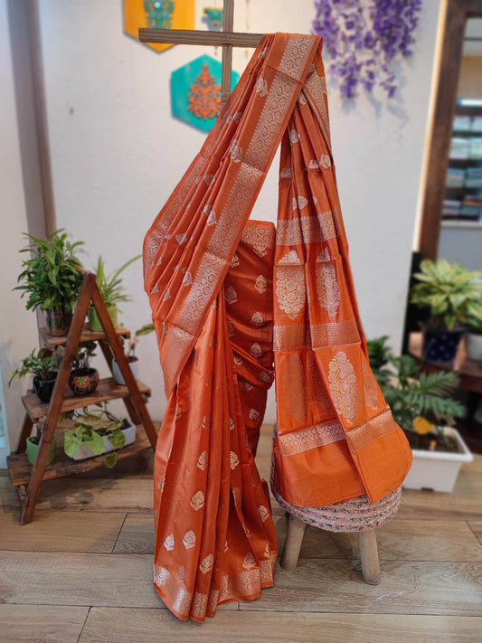 Rust Orange Banarasi Silk Saree with Zari Butti & Floral Motif Pallu