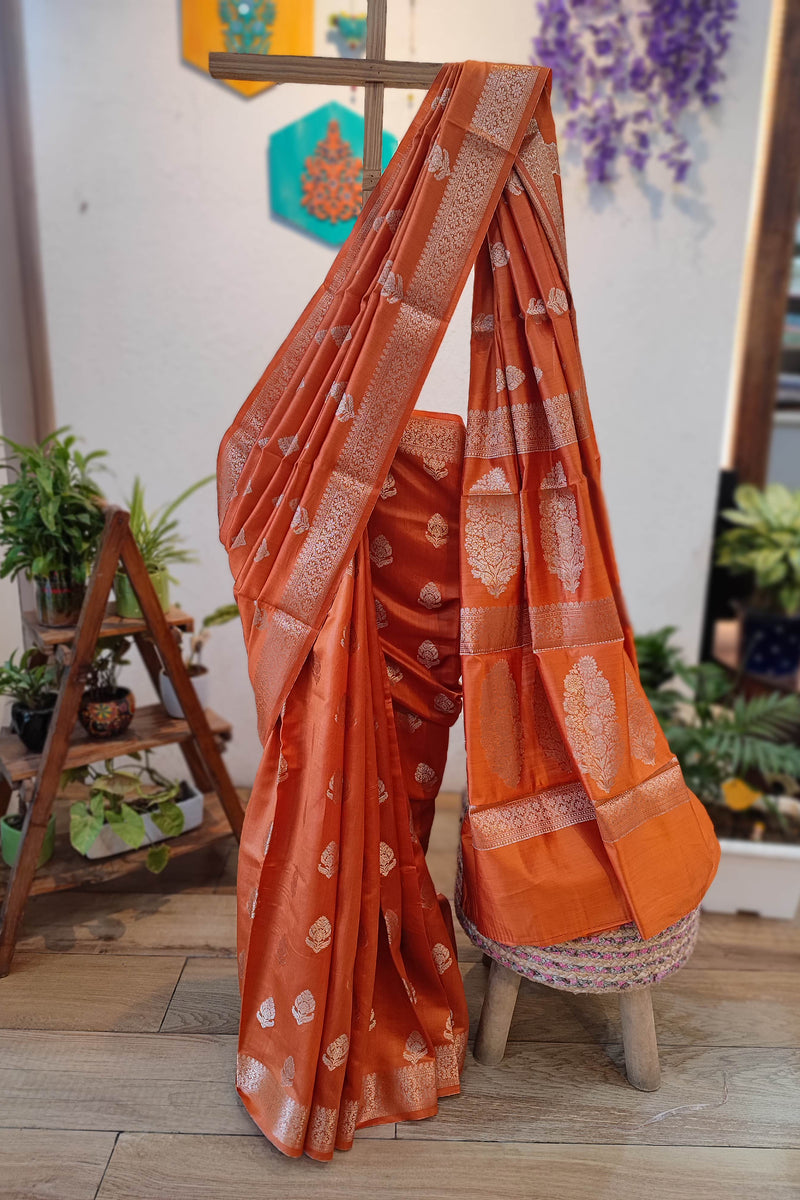 Rust Orange Banarasi Silk Saree with Zari Butti & Floral Motif Pallu