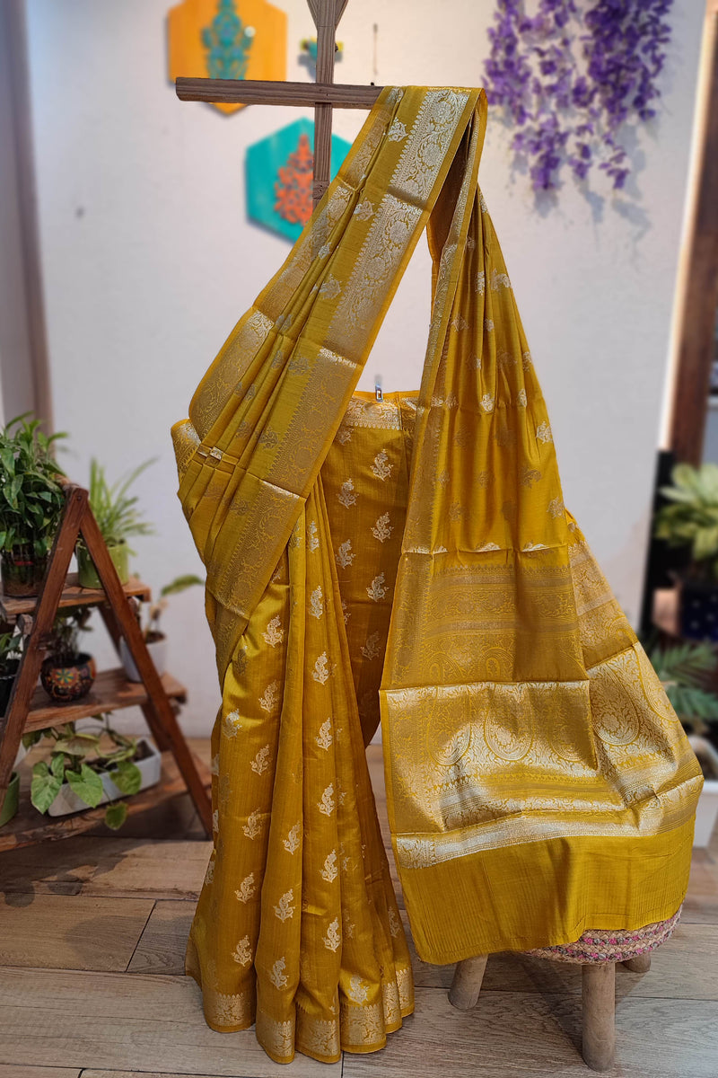 Mustard Yellow Banarasi Silk Saree with Zari Butti & Traditional Woven Pallu