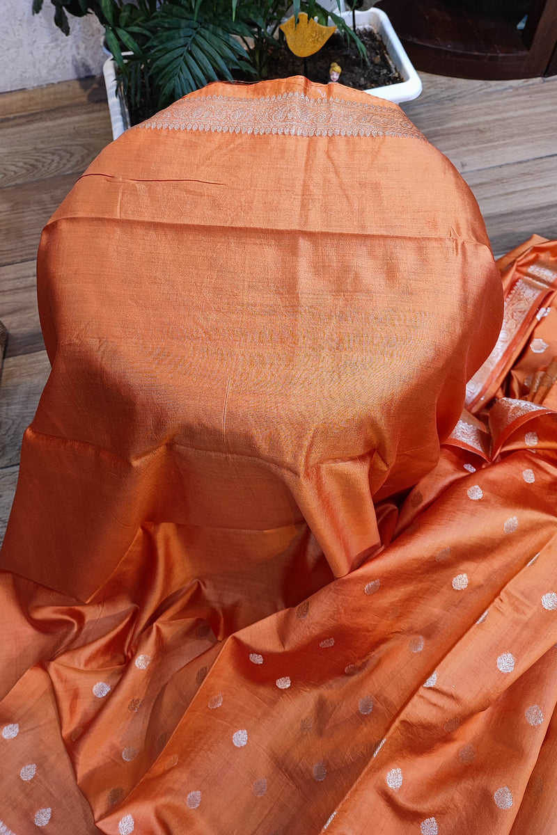 Rust Orange Banarasi Silk Saree with Zari Butti & Paisley Pallu