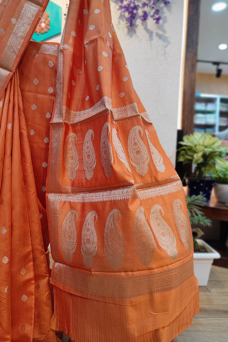 Rust Orange Banarasi Silk Saree with Zari Butti & Paisley Pallu