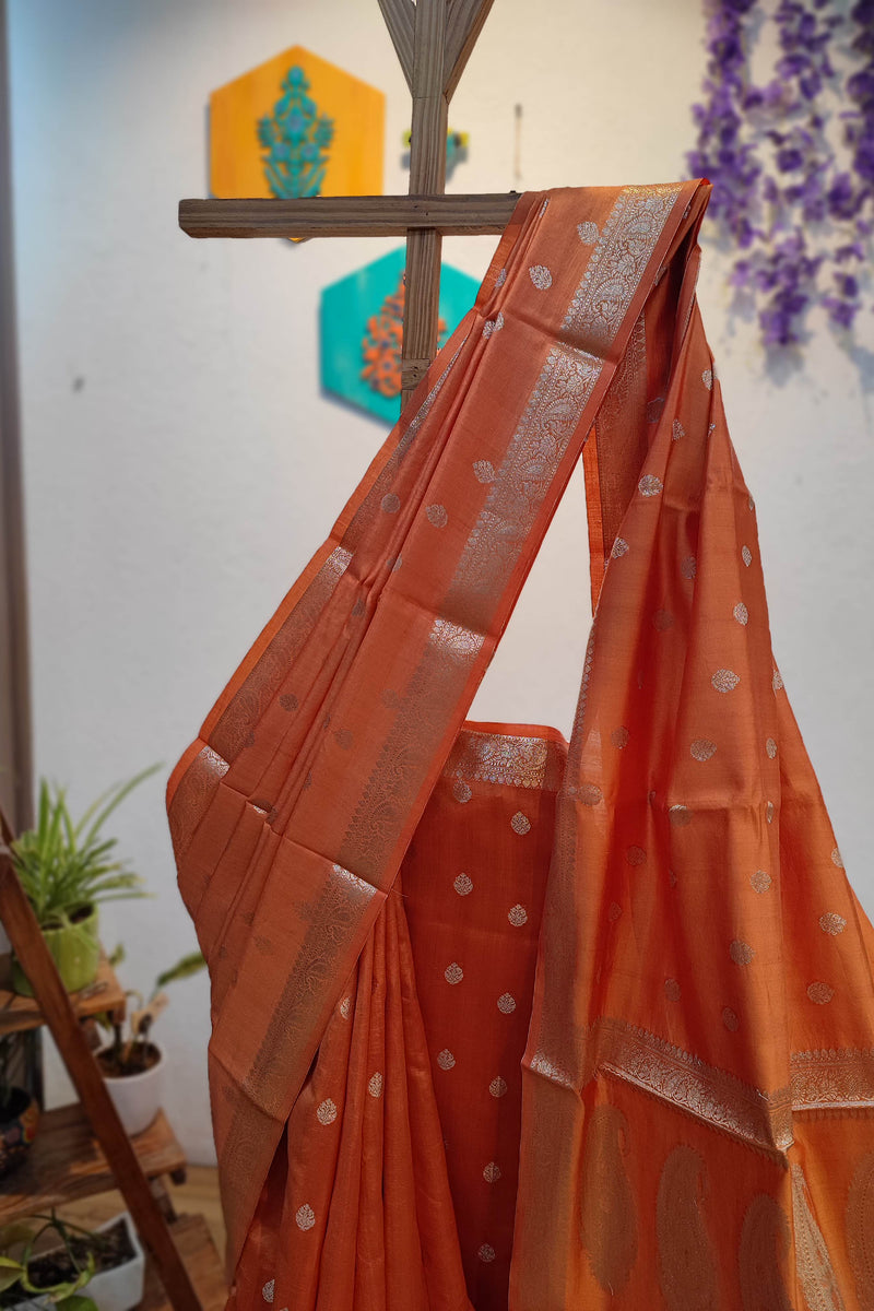 Rust Orange Banarasi Silk Saree with Zari Butti & Paisley Pallu