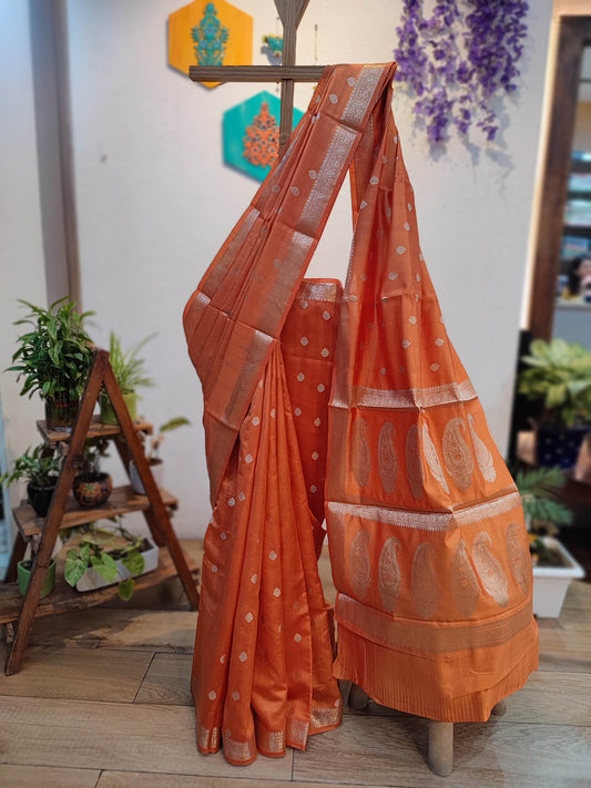 Rust Orange Banarasi Silk Saree with Zari Butti & Paisley Pallu