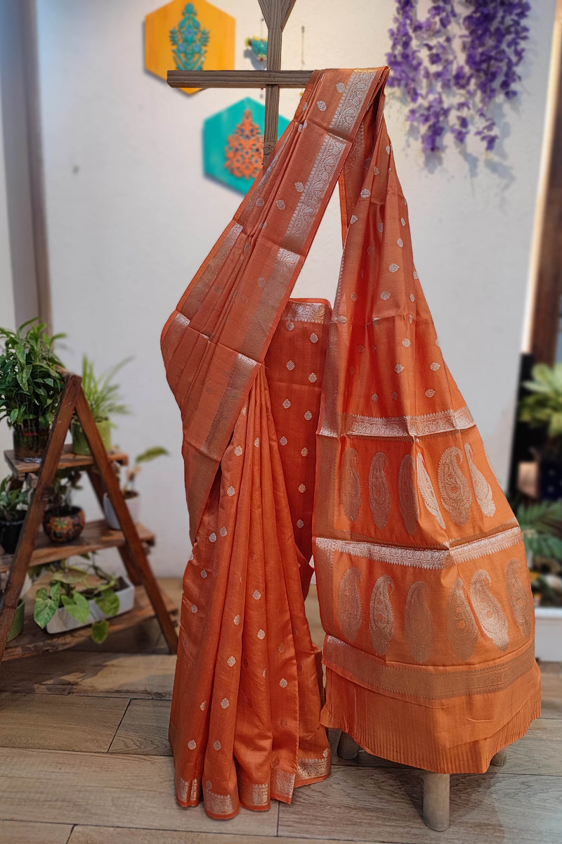 Rust Orange Banarasi Silk Saree with Zari Butti & Paisley Pallu