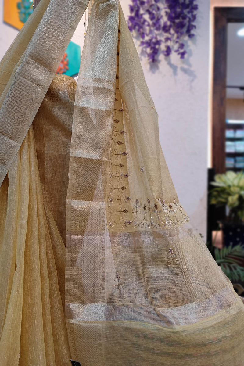Elegant Linen by Cotton Saree with Intricate Handwork
