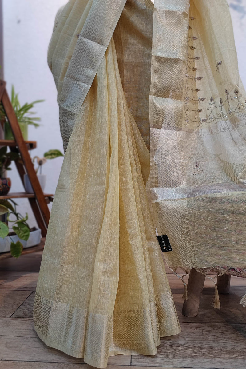 Elegant Linen by Cotton Saree with Intricate Handwork