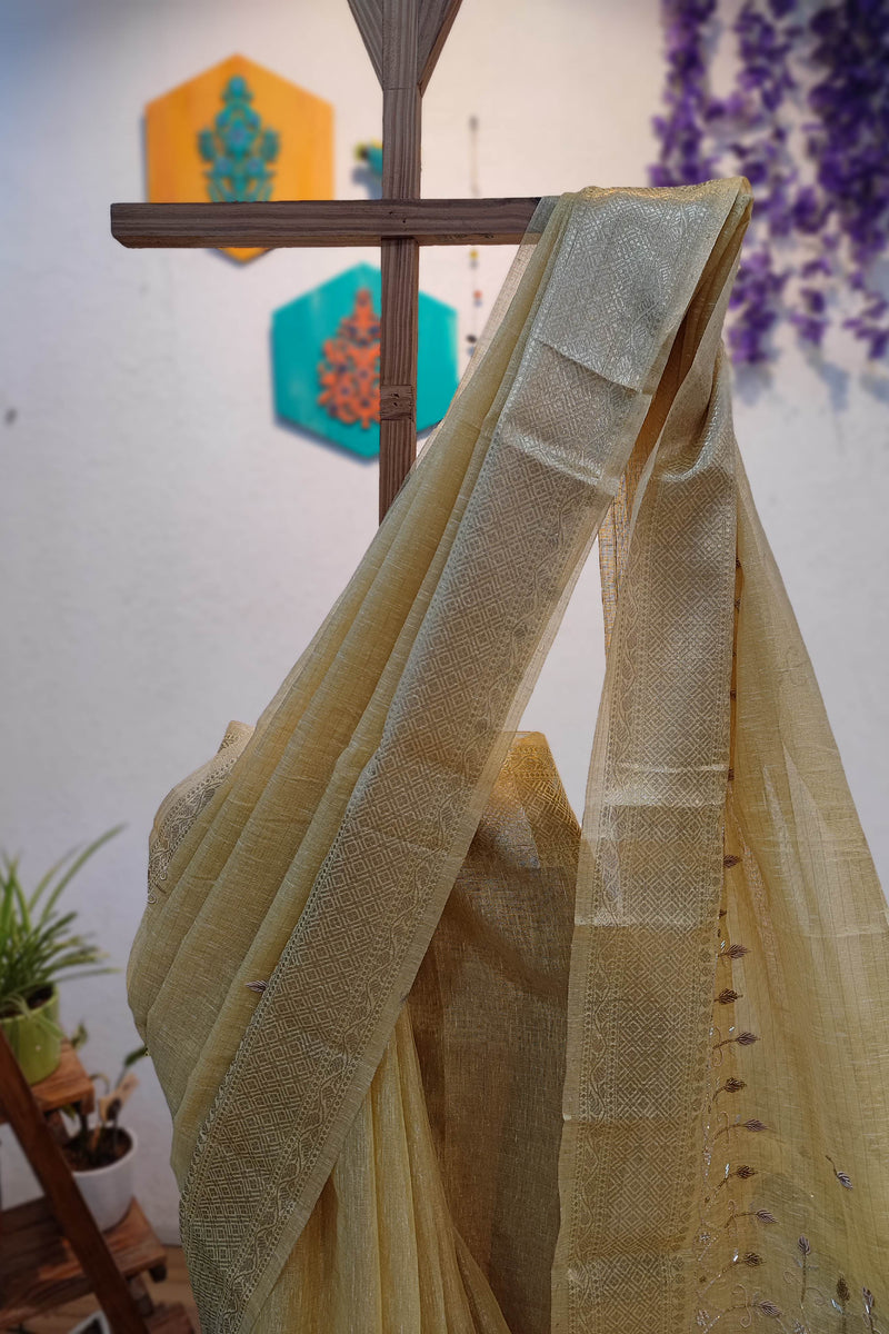Elegant Linen by Cotton Saree with Intricate Handwork
