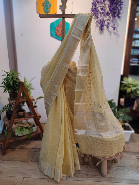 Elegant Linen by Cotton Saree with Intricate Handwork