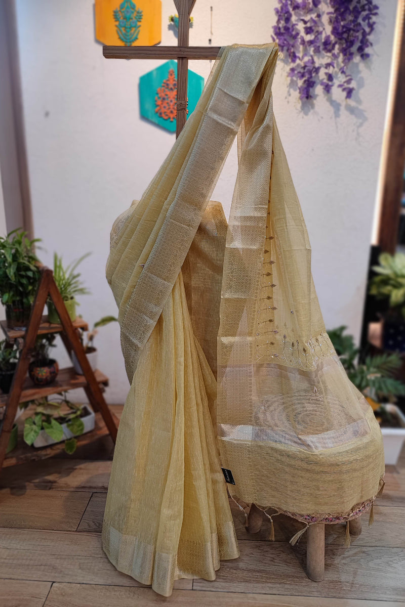 Elegant Linen by Cotton Saree with Intricate Handwork