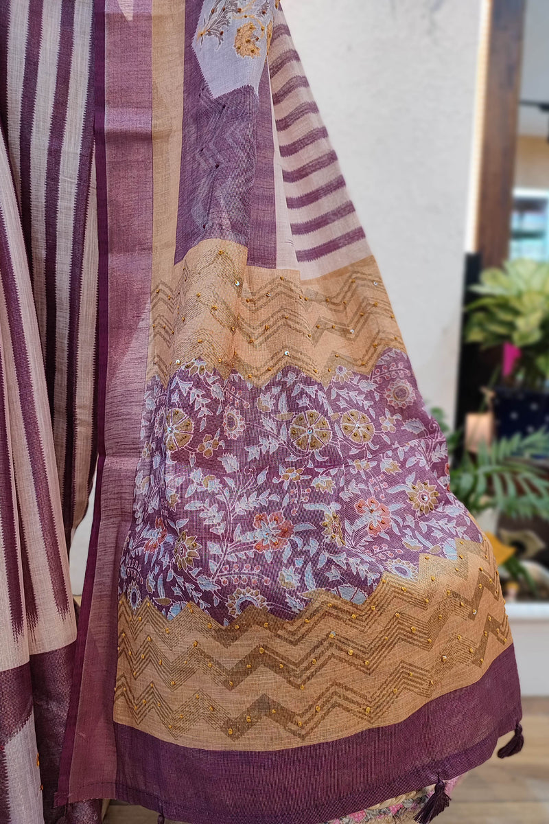 Elegant Cotton Linen Printed Saree with Contrast Border & Floral Detailing