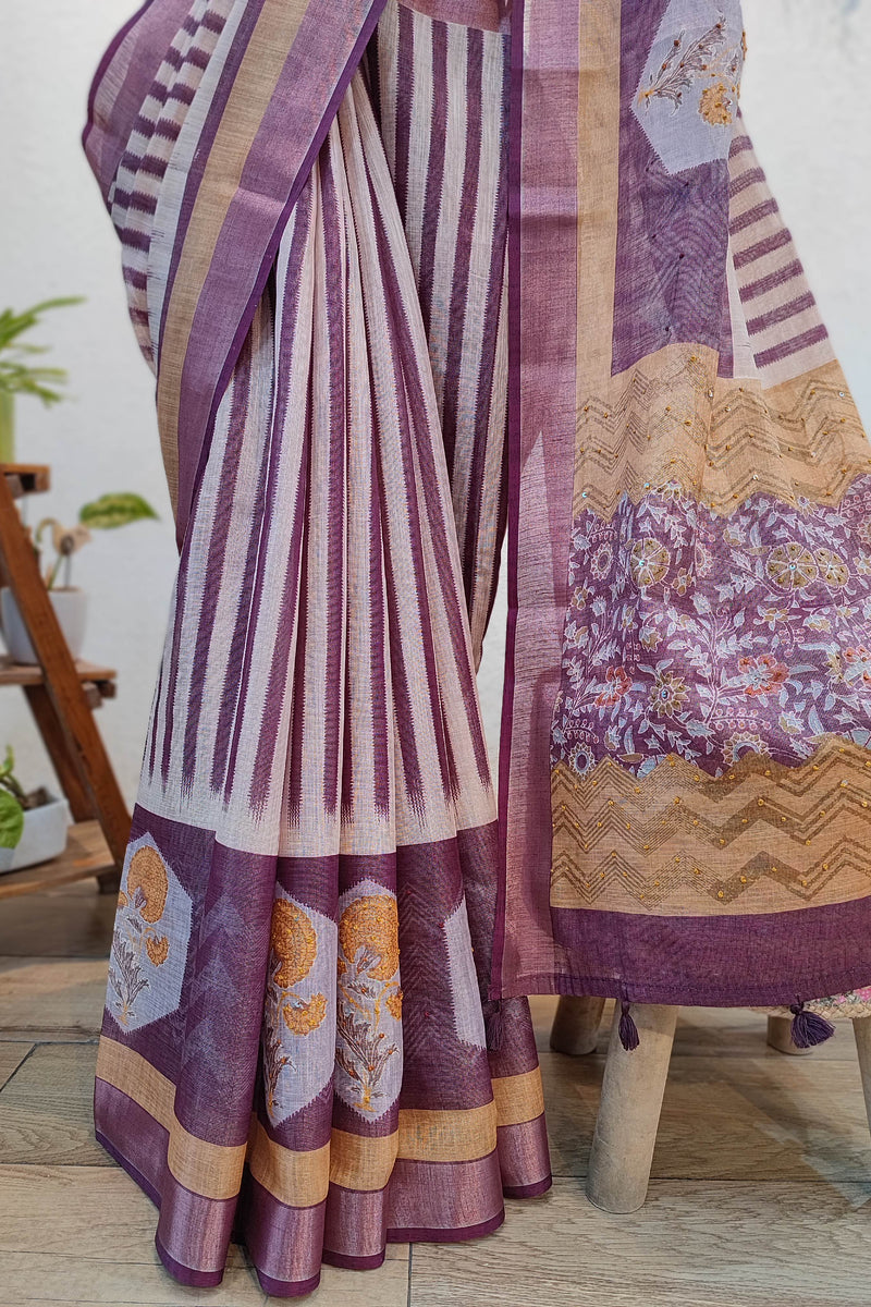Elegant Cotton Linen Printed Saree with Contrast Border & Floral Detailing