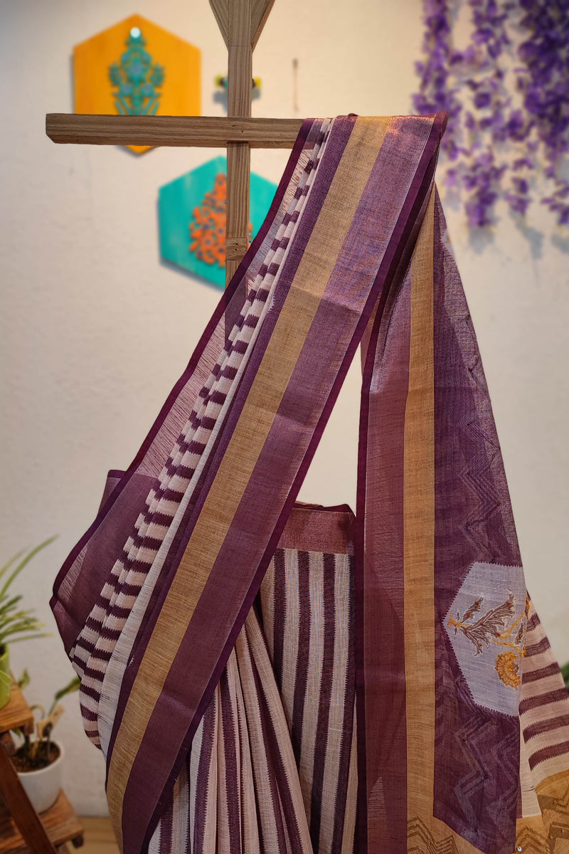 Elegant Cotton Linen Printed Saree with Contrast Border & Floral Detailing