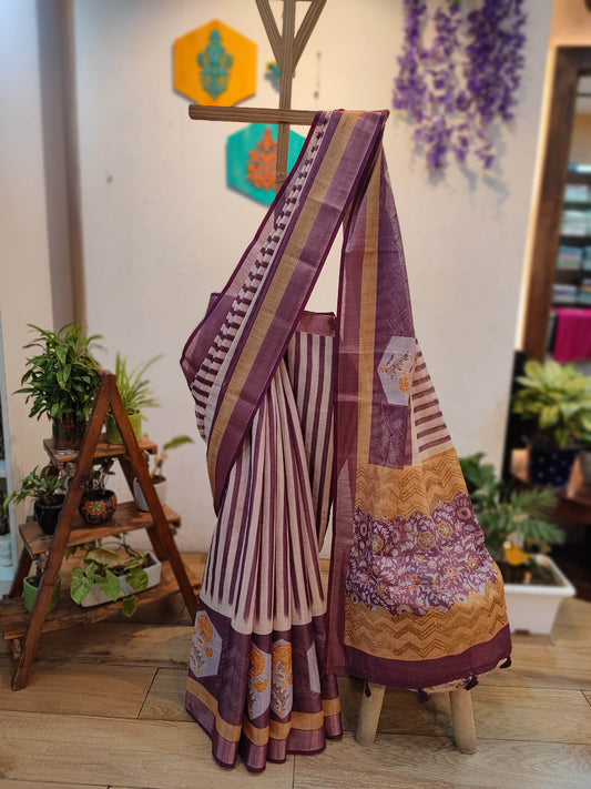 Elegant Cotton Linen Printed Saree with Contrast Border & Floral Detailing