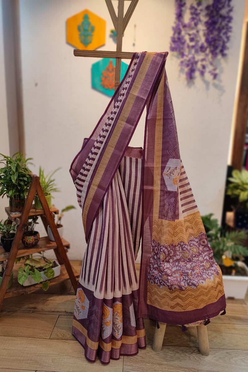 Elegant Cotton Linen Printed Saree with Contrast Border & Floral Detailing