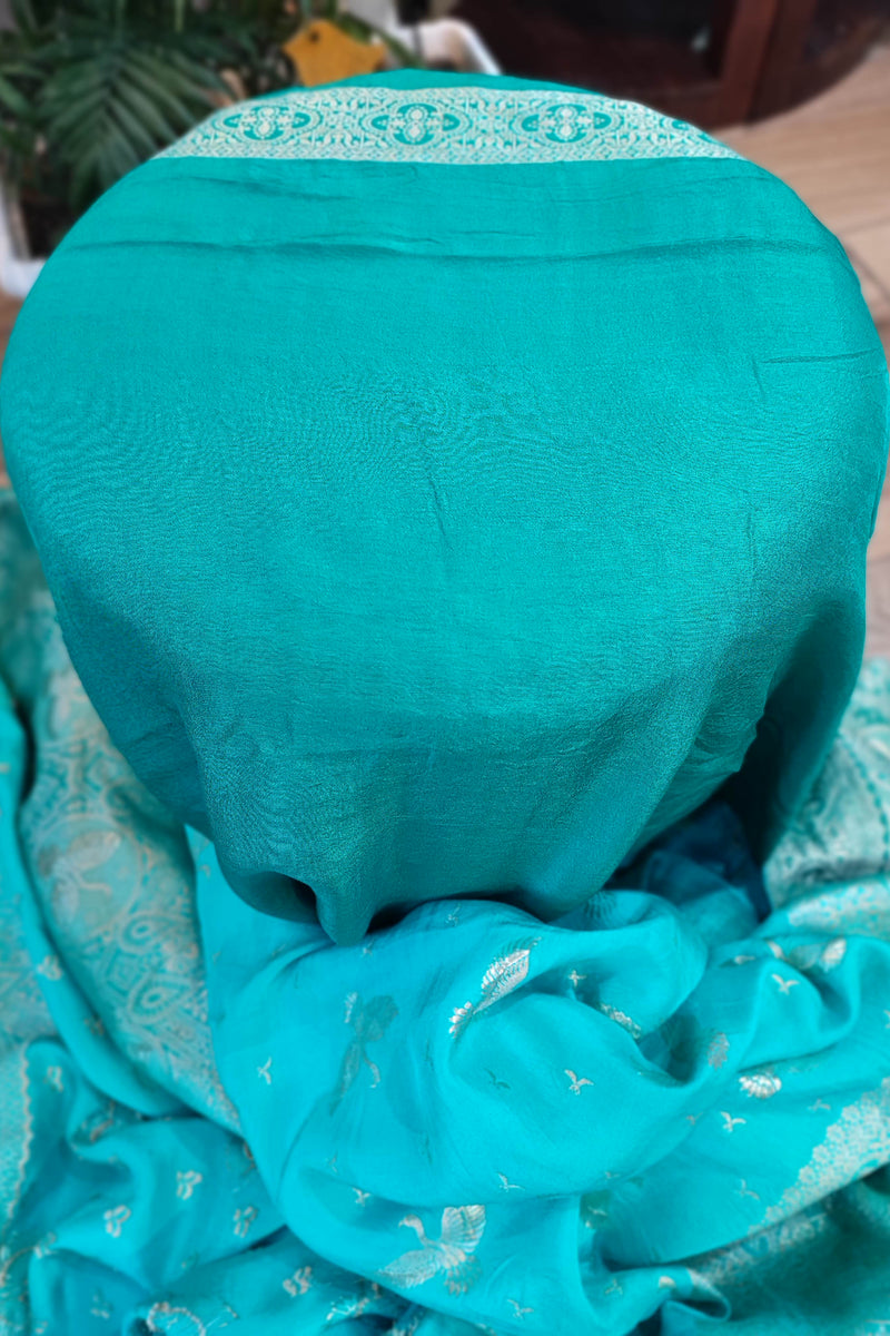 Turquoise Blue Dola Banarasi Saree with Rich Zari Woven Border & Pallu
