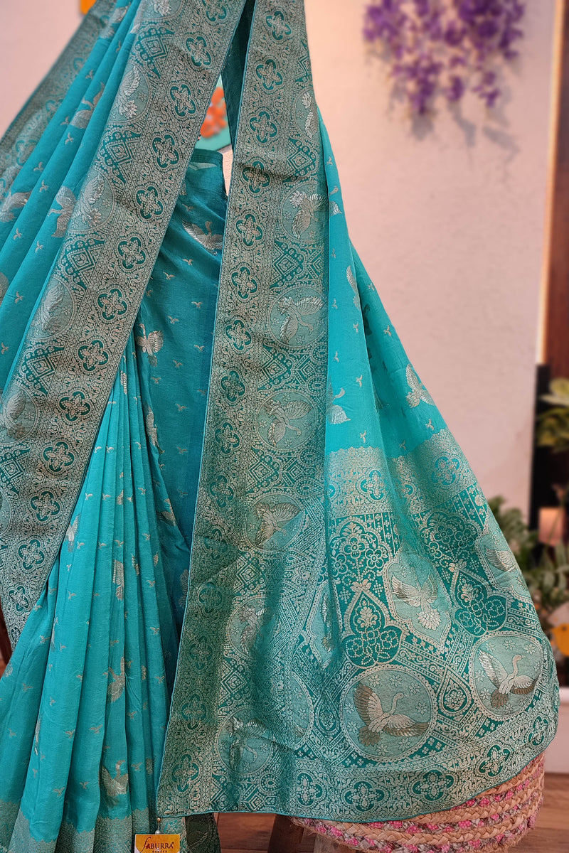 Turquoise Blue Dola Banarasi Saree with Rich Zari Woven Border & Pallu