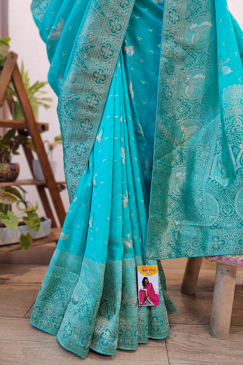 Turquoise Blue Dola Banarasi Saree with Rich Zari Woven Border & Pallu