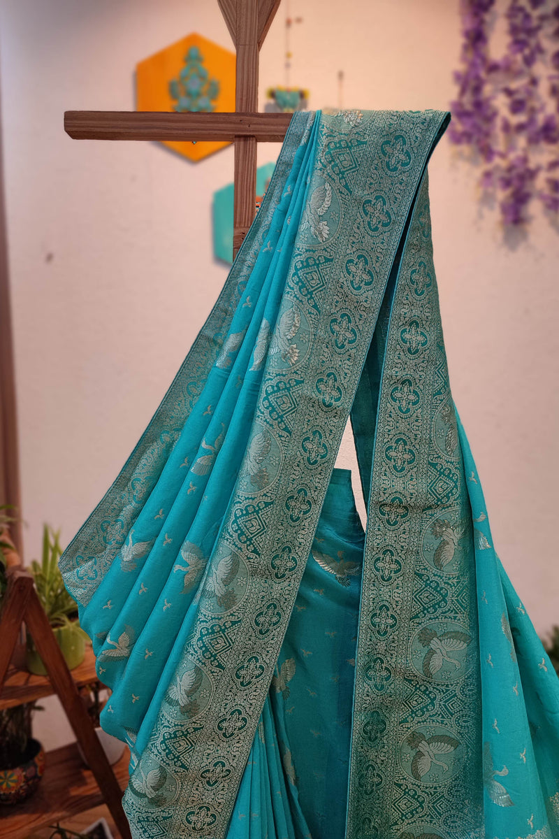 Turquoise Blue Dola Banarasi Saree with Rich Zari Woven Border & Pallu