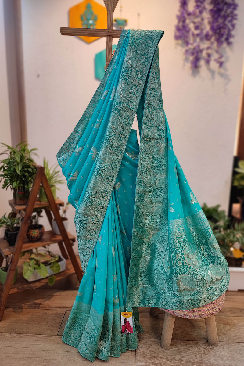 Turquoise Blue Dola Banarasi Saree with Rich Zari Woven Border & Pallu