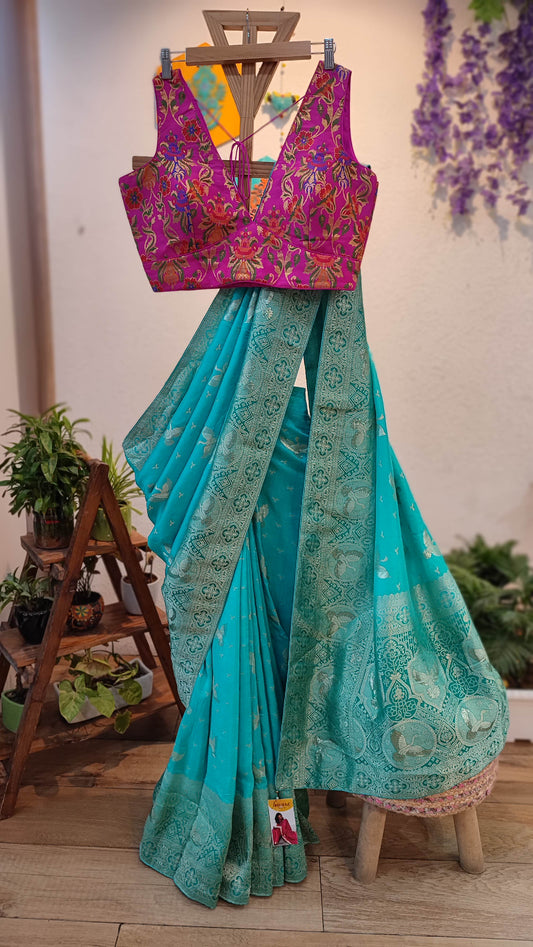 Turquoise Blue Dola Banarasi Saree with Rich Zari Woven Border & Pallu
