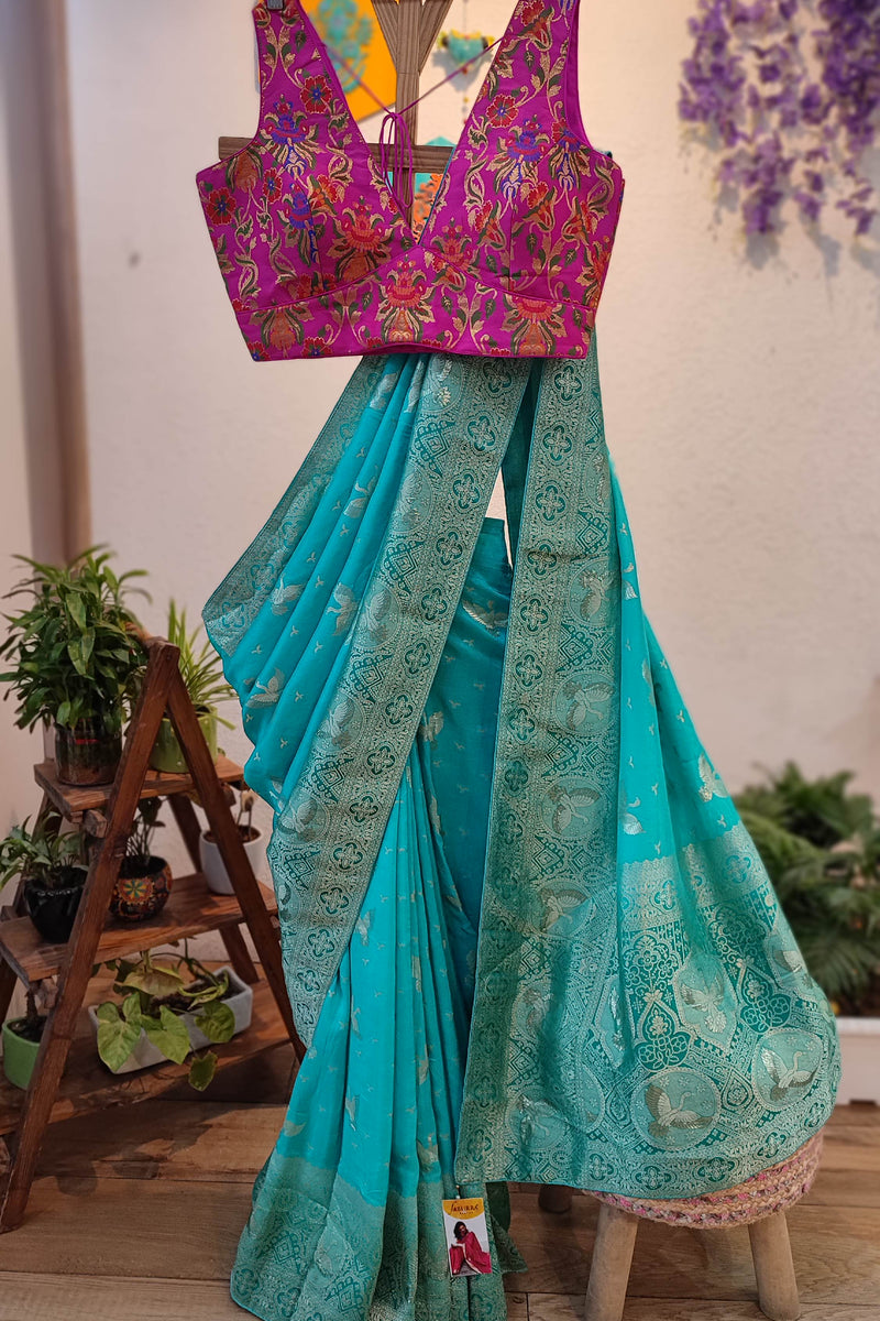 Turquoise Blue Dola Banarasi Saree with Rich Zari Woven Border & Pallu