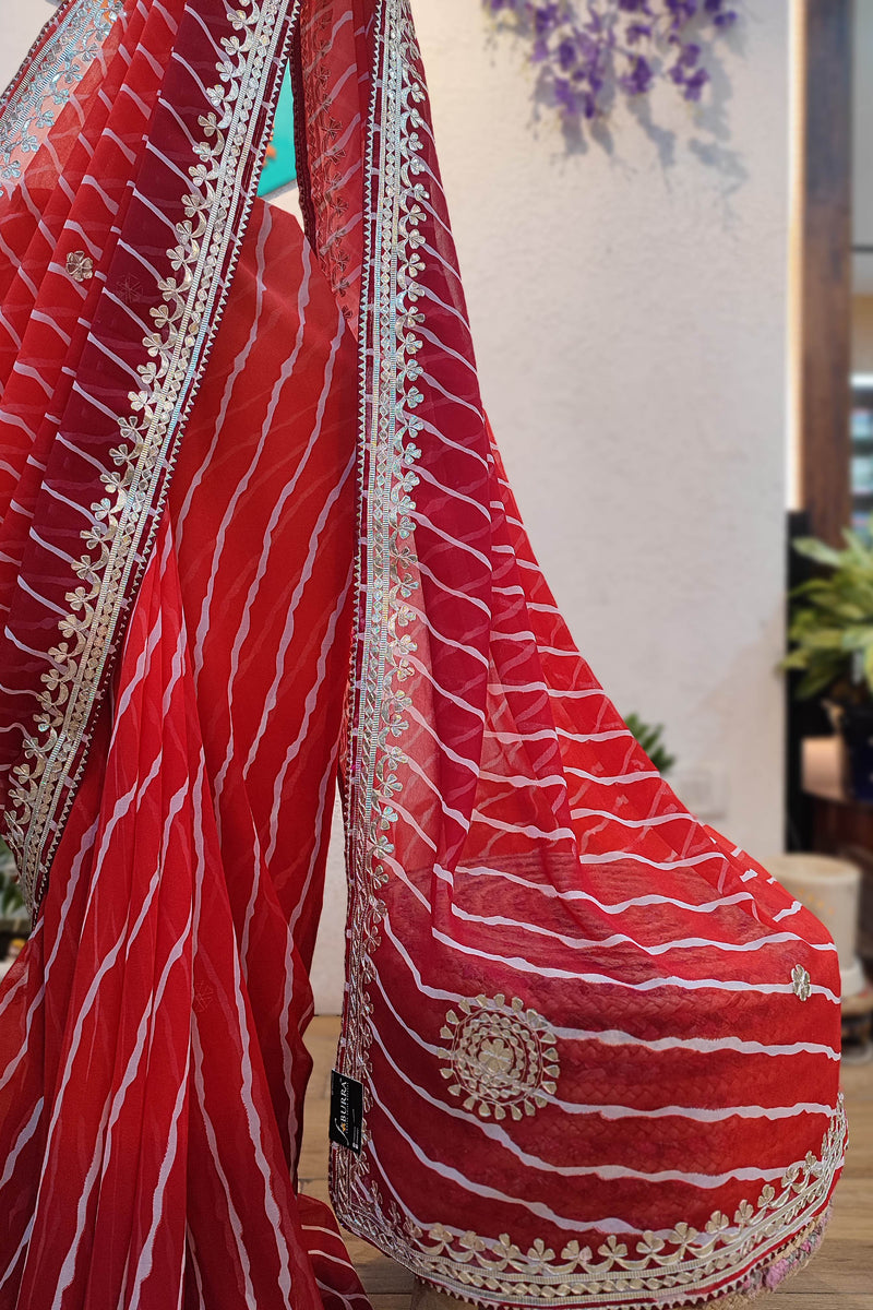 Red Lehariya Semi-Georgette Saree with Elegant Gotta Patti Work & Floral Border
