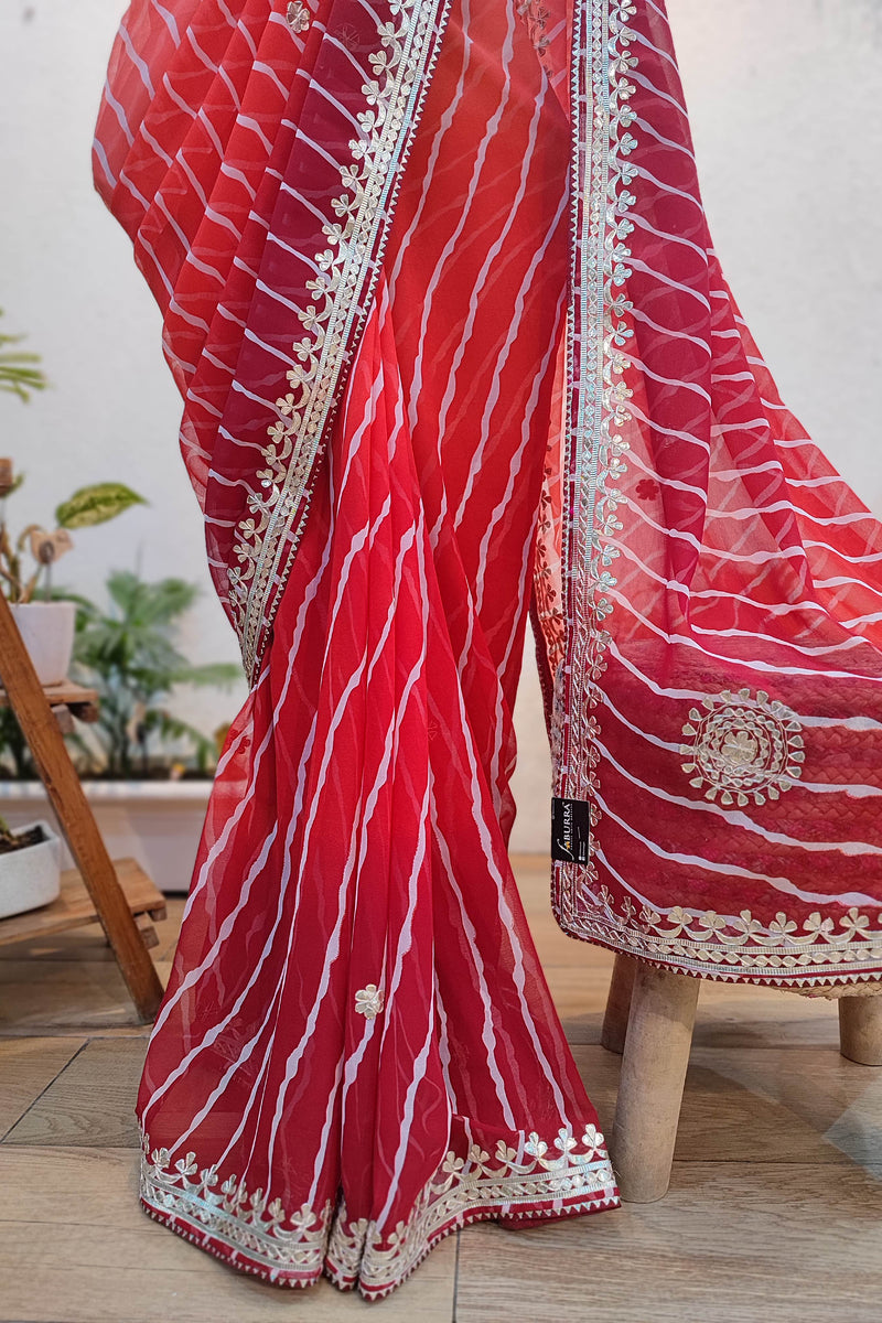 Red Lehariya Semi-Georgette Saree with Elegant Gotta Patti Work & Floral Border