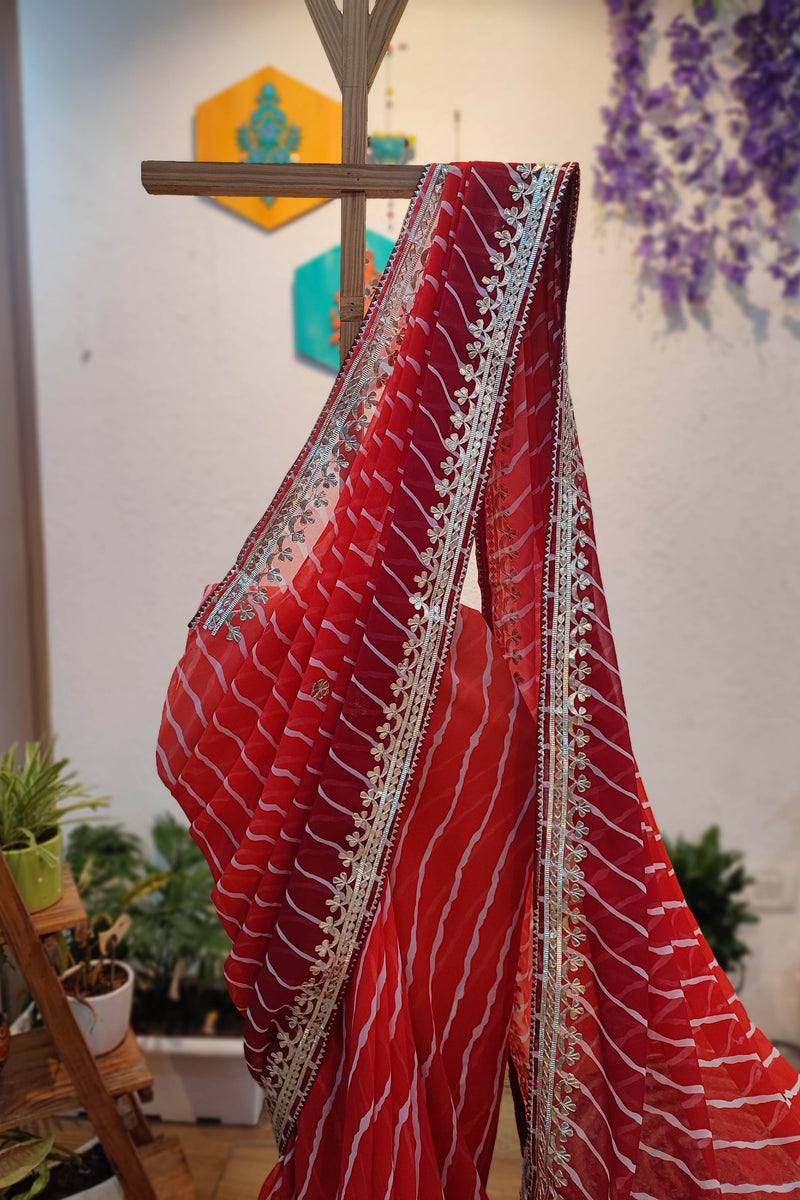 Red Lehariya Semi-Georgette Saree with Elegant Gotta Patti Work & Floral Border