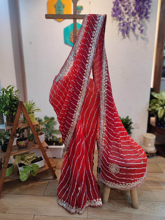 Red Lehariya Semi-Georgette Saree with Elegant Gotta Patti Work & Floral Border