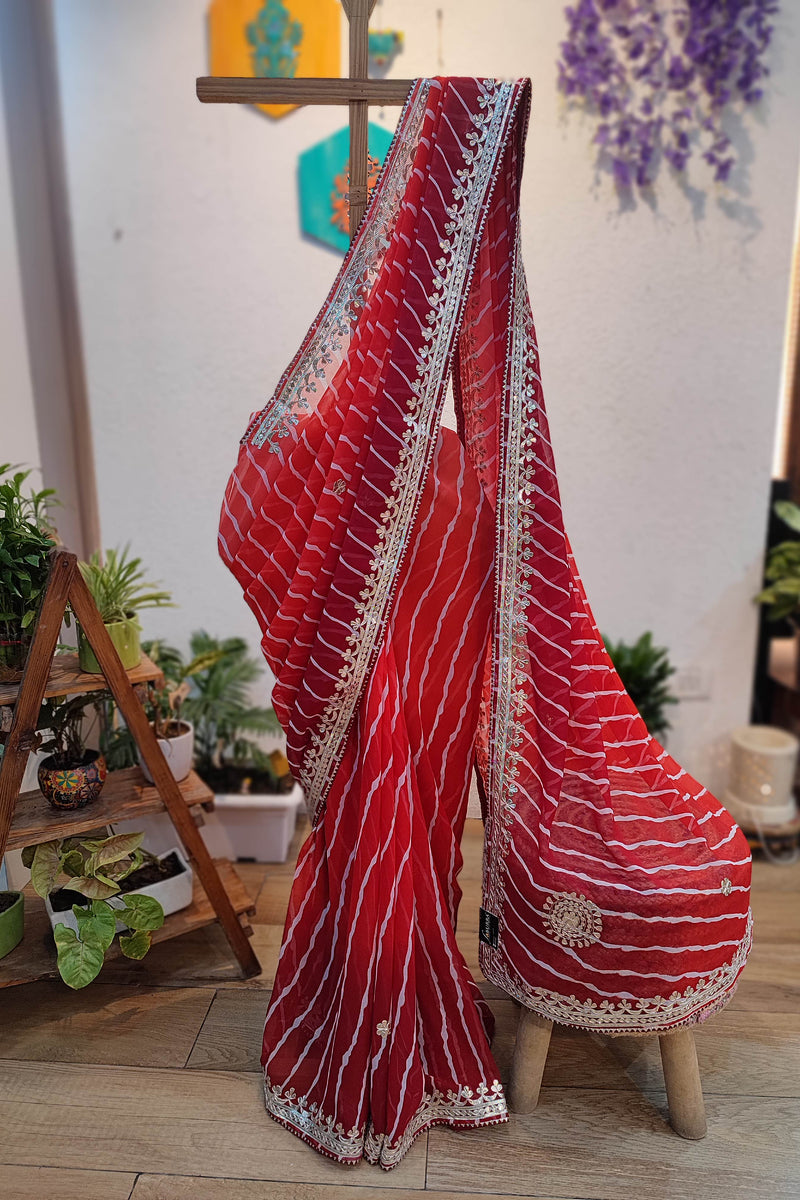 Red Lehariya Semi-Georgette Saree with Elegant Gotta Patti Work & Floral Border