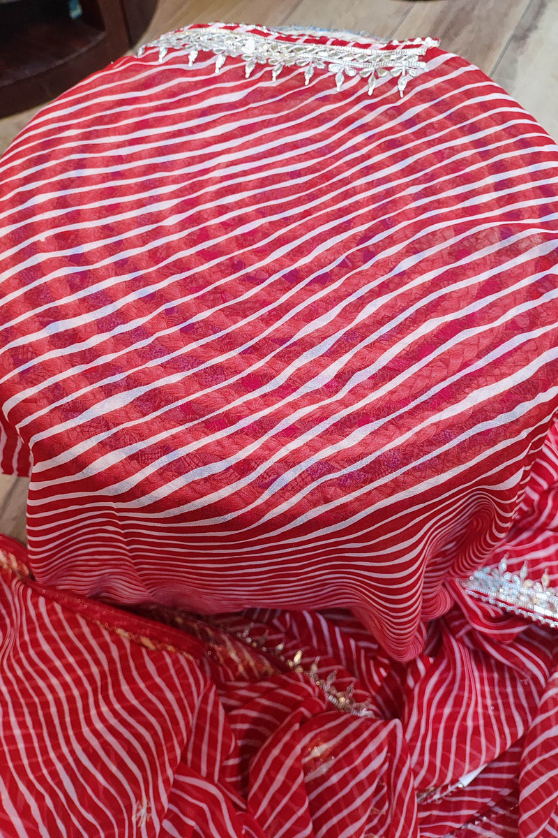 Red Lehariya Semi-Georgette Saree with Gotta Patti Border Work