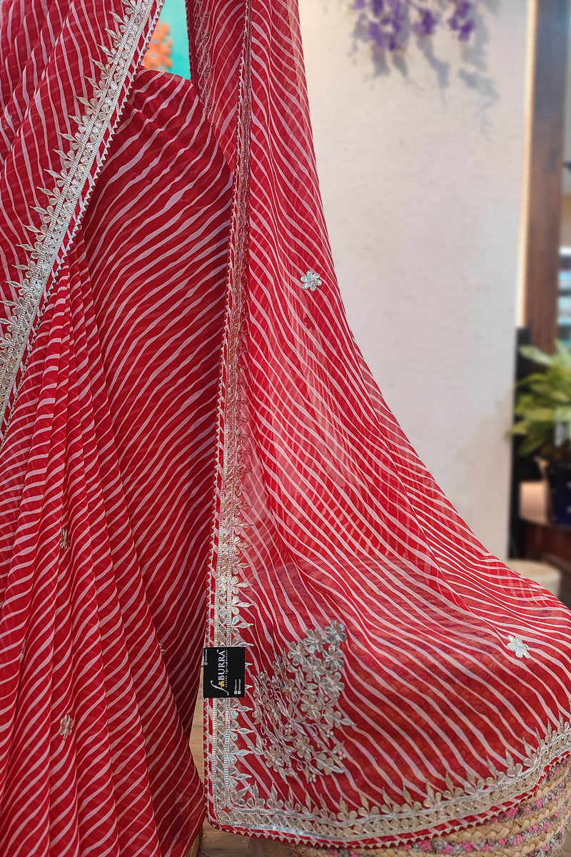 Red Lehariya Semi-Georgette Saree with Gotta Patti Border Work
