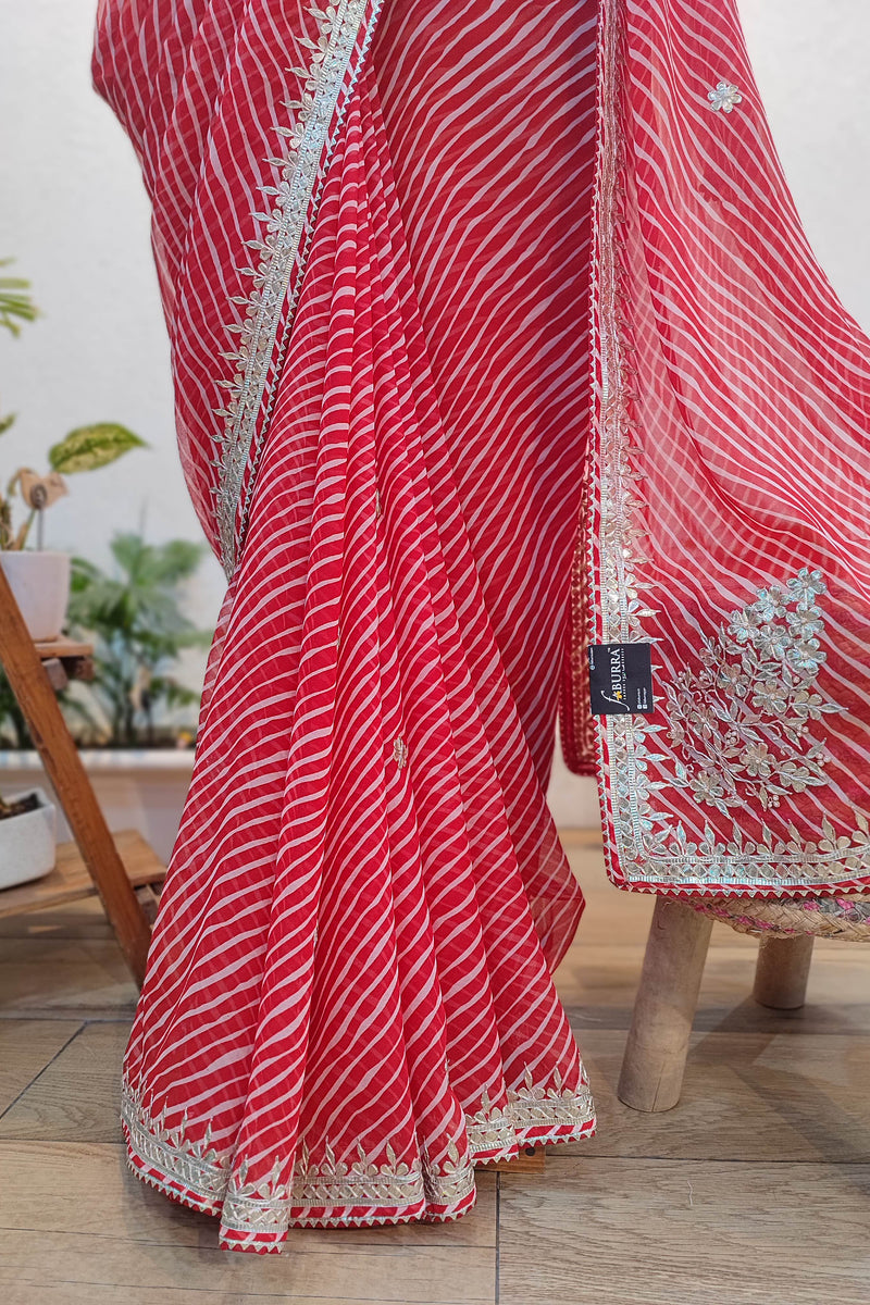 Red Lehariya Semi-Georgette Saree with Gotta Patti Border Work