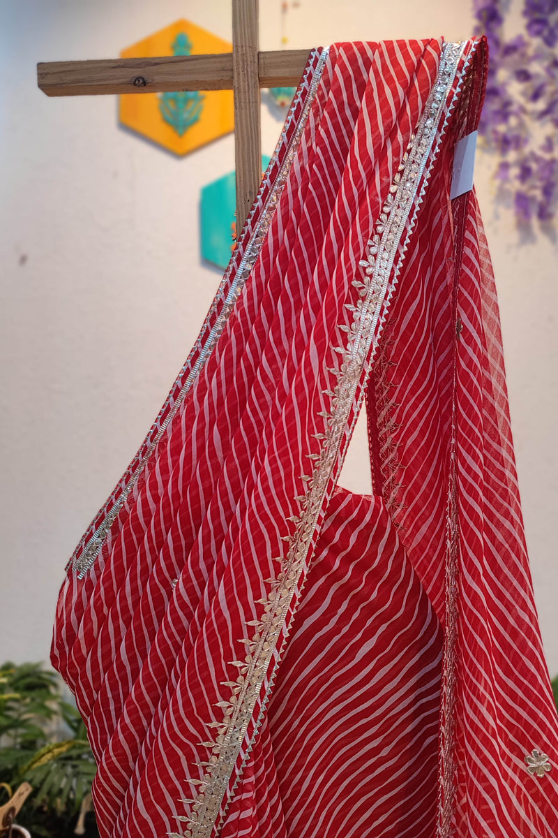 Red Lehariya Semi-Georgette Saree with Gotta Patti Border Work