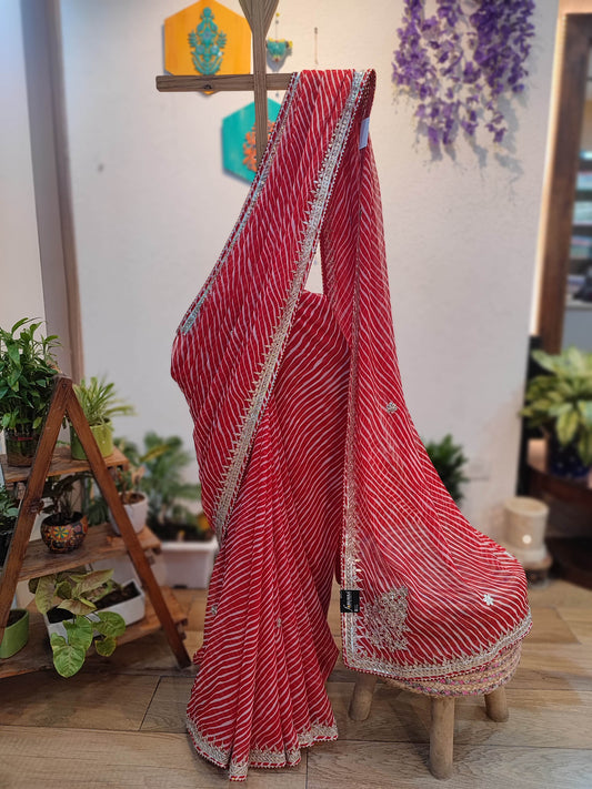 Red Lehariya Semi-Georgette Saree with Gotta Patti Border Work