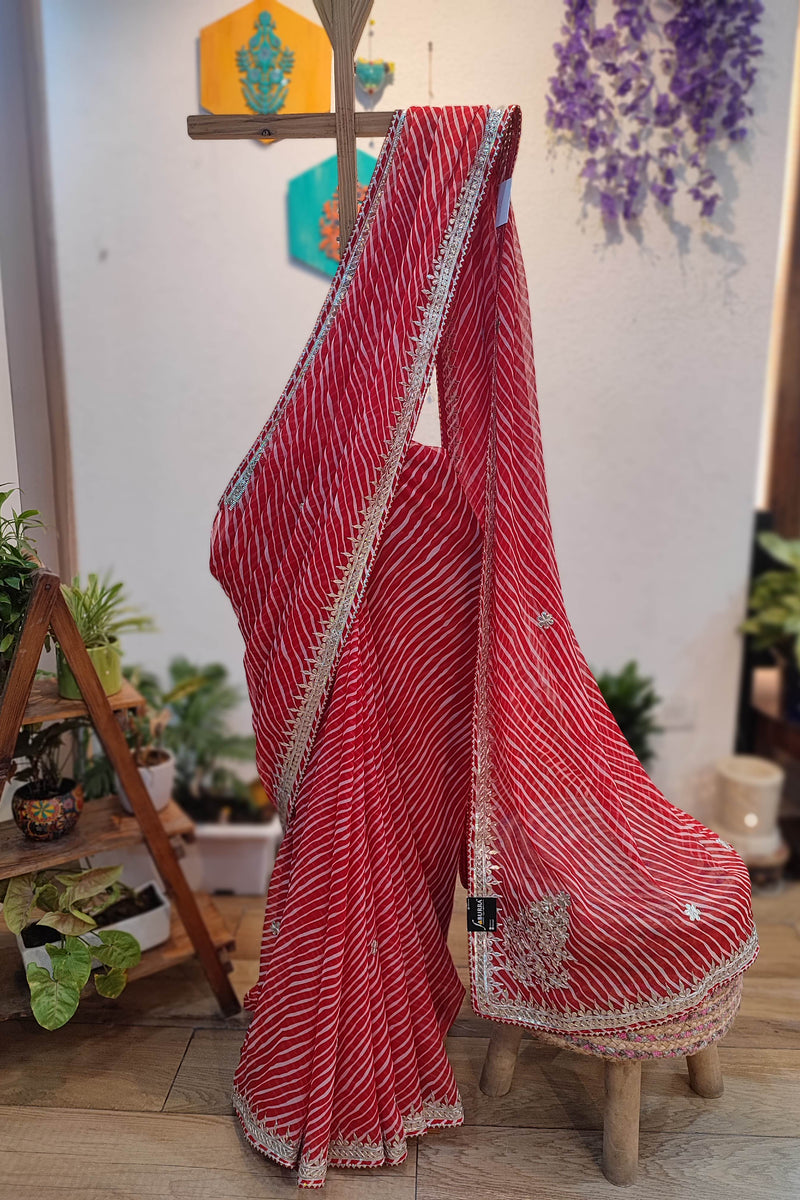 Red Lehariya Semi-Georgette Saree with Gotta Patti Border Work