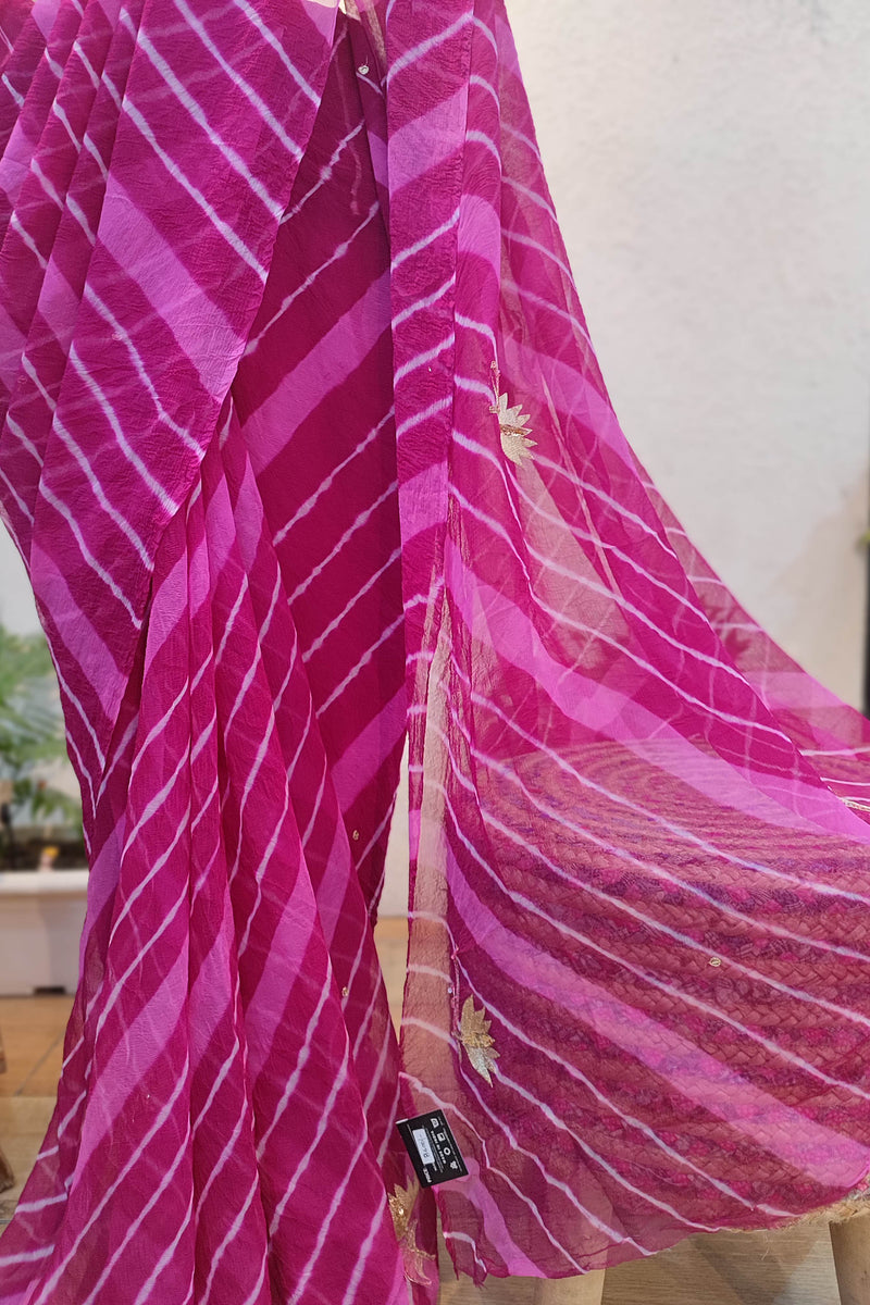 Magenta Lehariya Semi-Georgette Saree with Gotta Patti Floral Work