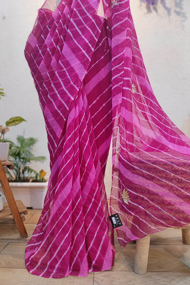 Magenta Lehariya Semi-Georgette Saree with Gotta Patti Floral Work