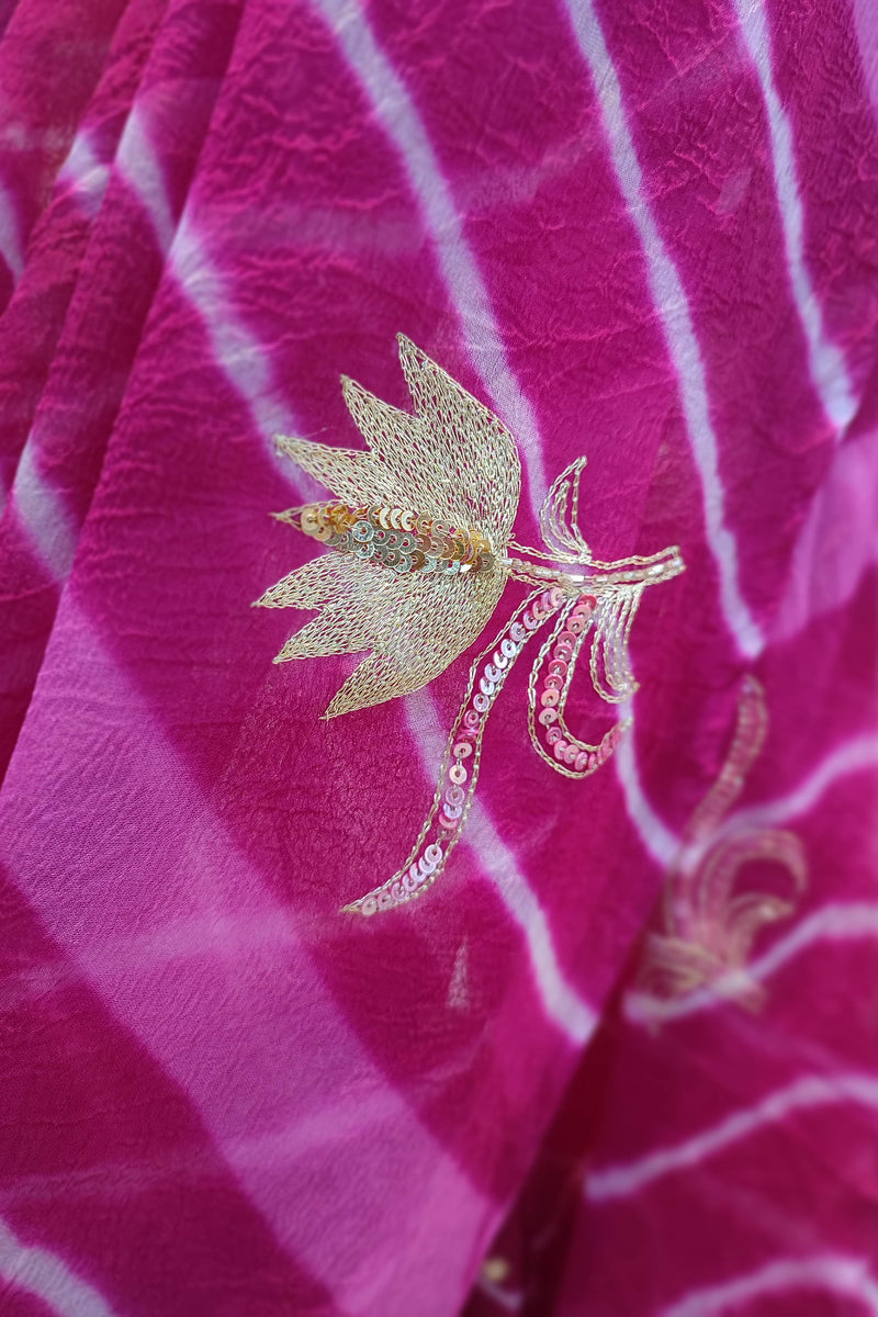 Magenta Lehariya Semi-Georgette Saree with Gotta Patti Floral Work