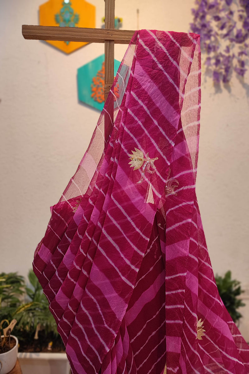 Magenta Lehariya Semi-Georgette Saree with Gotta Patti Floral Work