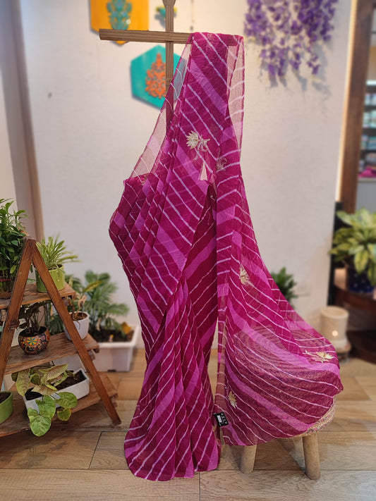 Magenta Lehariya Semi-Georgette Saree with Gotta Patti Floral Work
